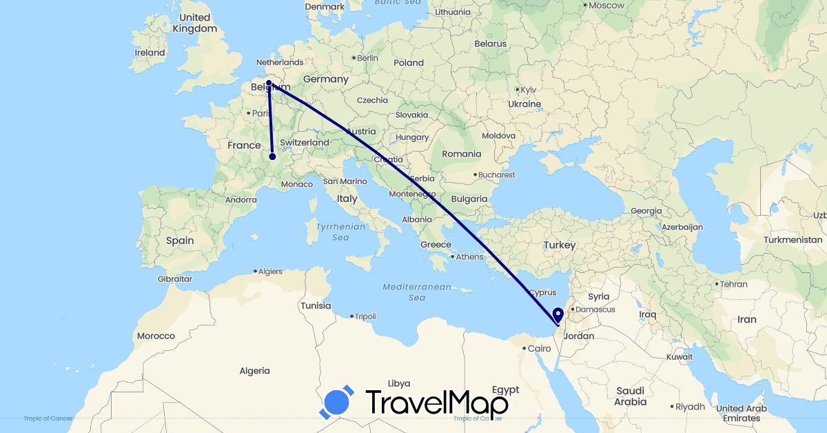 TravelMap itinerary: driving in Belgium, France, Israel (Asia, Europe)